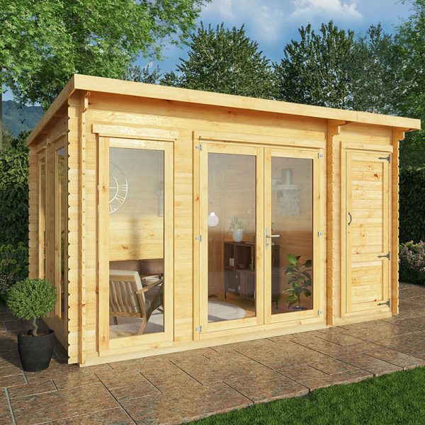 Mercia Studio 4m x 3m Double Glazed Pent Log Cabin with Side Shed (34mm)