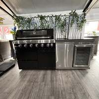 Ex Display Draco Grills 6 Burner Black Outdoor Kitchen with Stainless Steel Sink and Fridge Unit