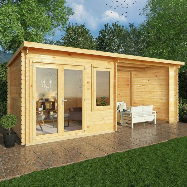 Mercia Elite 6m x 3m Double Glazed Pent Log Cabin and Gazebo with Sides (28mm)