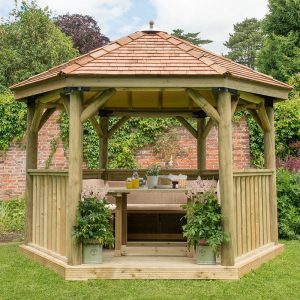 12'x10' (3.6x3.1m) Luxury Wooden Furnished Garden Gazebo with New England Cedar Roof - Seats up to 10 people