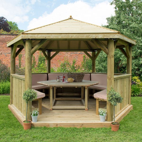 13'x12' (4x3.5m) Luxury Wooden Furnished Garden Gazebo with Traditional Timber Roof - Seats up to 15 people