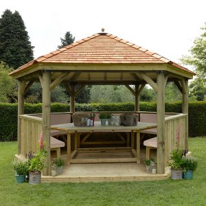 15'x13' (4.7x4m) Luxury Wooden Furnished Garden Gazebo with New England Cedar Roof - Seats up to 19 people