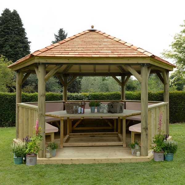 15'x13' (4.7x4m) Luxury Wooden Furnished Garden Gazebo with New England Cedar Roof - Seats up to 19 people