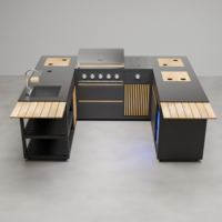 Draco Grills Scandic Line Modular Outdoor Kitchen with 5 Burner BBQ, Sink, Fridge and Corner 'C' Unit, With Teak Side Shelves