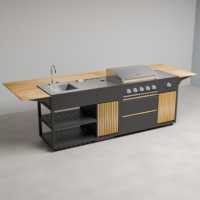 Draco Grills Scandic Line Modular Outdoor Kitchen with 5 Burner BBQ and Sink, With Complete Teak Bar Package