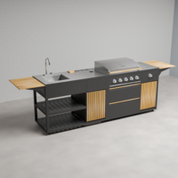 Draco Grills Scandic Line Modular Outdoor Kitchen with 5 Burner BBQ and Sink, With Teak Side Shelves