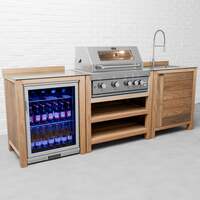 Draco Grills Teak 4 Burner Outdoor Kitchen with Modular Sink and Single Fridge, With Side Panels