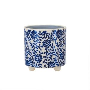 Floral print plant pot with feet - blue