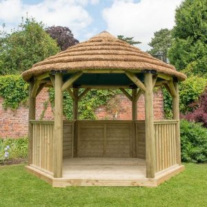 Forest Garden 3.6m Hexagonal Wooden Garden Gazebo with Thatched Roof - Cream Lining