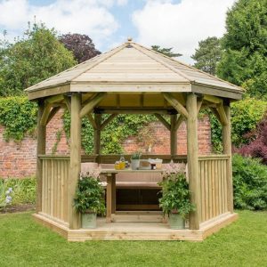 Forest Garden 3.6m Hexagonal Wooden Garden Gazebo with Timber Roof - Furnished with Table, Benches and Cushions (Cream)