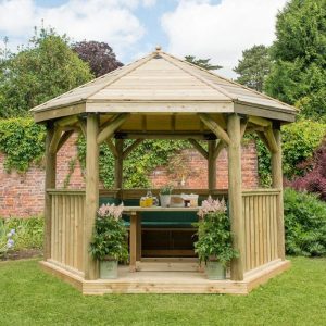 Forest Garden 3.6m Hexagonal Wooden Garden Gazebo with Timber Roof - Furnished with Table, Benches and Cushions (Green)