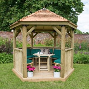 Forest Garden 3m Hexagonal Wooden Garden Gazebo with Cedar Roof - Furnished with Table, Benches and Cushions (Green)