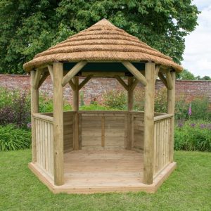 Forest Garden 3m Hexagonal Wooden Garden Gazebo with Thatched Roof - Cream Lining