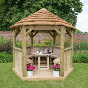 Forest Garden 3m Hexagonal Wooden Garden Gazebo with Thatched Roof - Furnished with Table, Benches and Cushions (Cream)