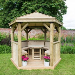 Forest Garden 3m Hexagonal Wooden Garden Gazebo with Timber Roof - Furnished with Table, Benches and Cushions (Cream)