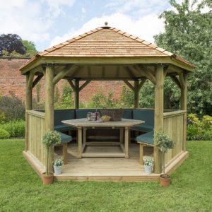 Forest Garden 4m Hexagonal Wooden Garden Gazebo with Cedar Roof - Furnished with Table, Benches and Cushions (Green)