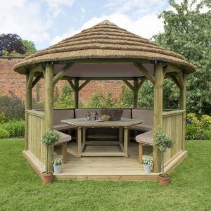 Forest Garden 4m Hexagonal Wooden Garden Gazebo with Thatched Roof - Furnished with Table, Benches and Cushions (Cream)