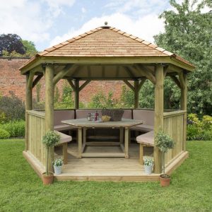 Forest Garden Furnished 4.0m Premium Hexagonal Wooden Garden Gazebo with Cedar Roof - Cream (Installation Included)