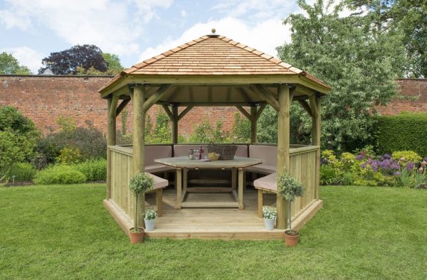 Forest Garden Furnished 4.0m Premium Hexagonal Wooden Garden Gazebo with Cedar Roof - Cream (Installation Included)