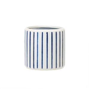 Glazed striped plant pot - blue & white