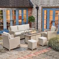 Kettler Palma Signature Oyster Wicker Outdoor Casual Dining Lounge Sofa Set with Fire Pit Table