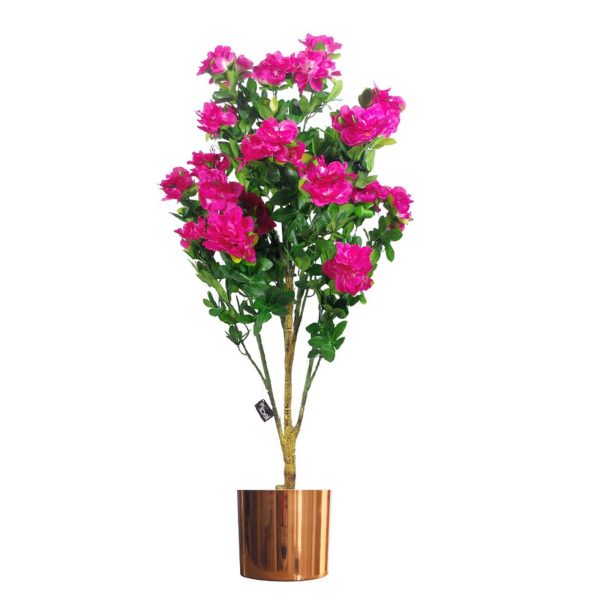 Leaf Design 100cm Premium Artificial Azalea Pink Flowers Potted Plant with Copper Metal Planter