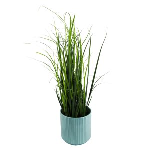 Leaf Design Artificial Grass Plant With Blue Ceramic Planter