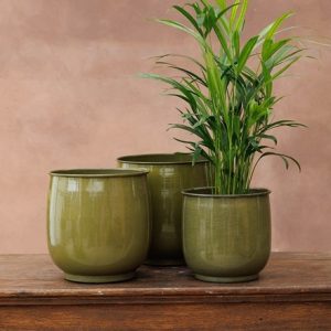 Lightweight large metal plant pot green - set of 3