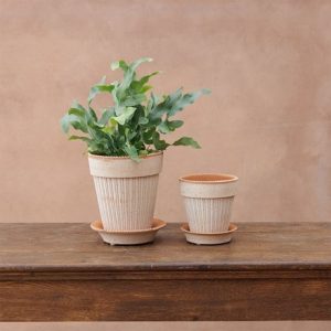 Ribbed tapered plant pot with saucer - terracotta