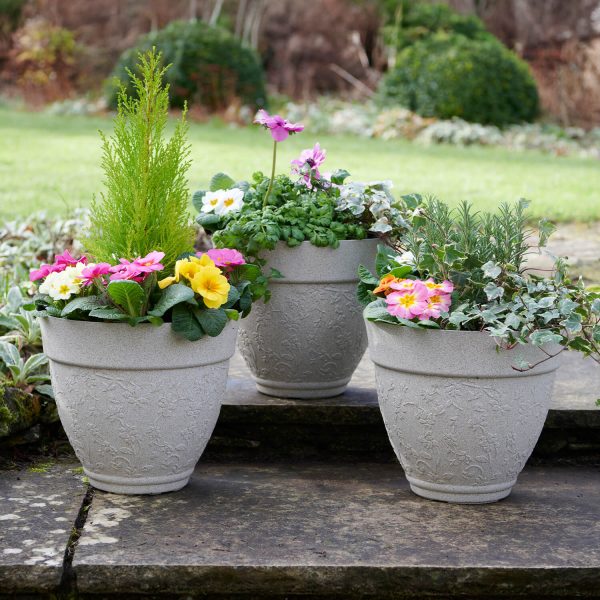 Set of 3 Floral Design Planters Sandstone Finish