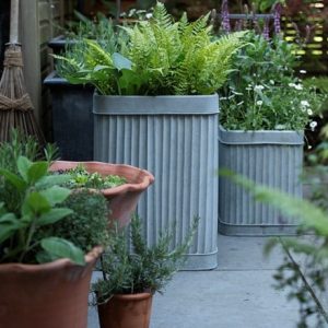 Tall square galvanised metal dolly pot - aged zinc