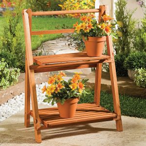 Wooden Plant Pot Stand 2 Tier Folds Flat H48 xW34 xD20cm