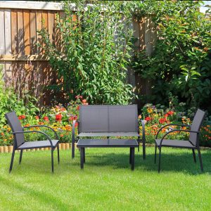 4Pcs Patio Furniture Set Garden Sofa Glass Top Coffee Table Grey