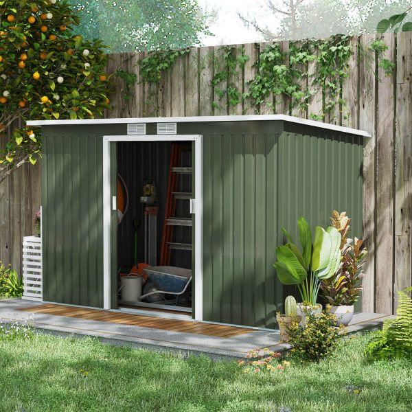 9 X 4Ft Outdoor Metal Frame Garden Storage Shed W/ 2 Door Green