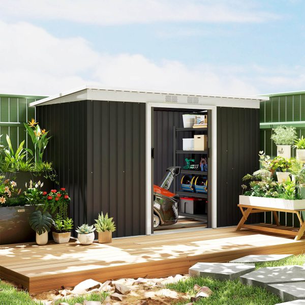 9 X 4Ft Outdoor Metal Frame Garden Storage Shed W/ 2 Door Grey