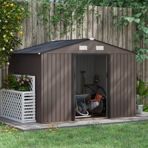 9 X 6Ft Galvanised Garden Storage Shed With Sliding Door Brown