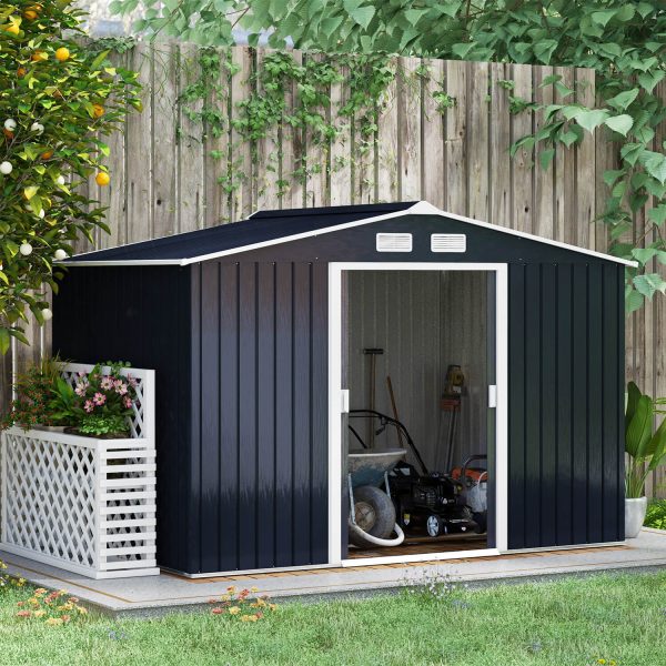 9 X 6Ft Galvanised Garden Storage Shed With Sliding Door Dark Grey