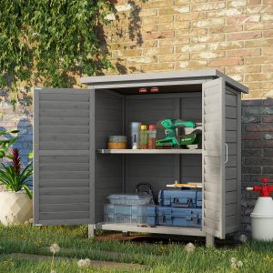 Garden Storage Shed Solid Fir Wood Garage Organisation W/ Doors Grey