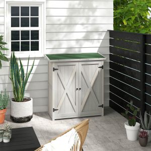 Wood Garden Storage Shed Tool Cabinet Organizer W/ Shelves Light Grey