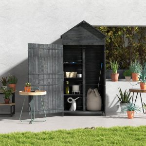 Wooden Garden Shed Outdoor Shelves Utility Tool Storage Cabinet Grey