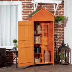 Wooden Garden Shed Outdoor Shelves Utility Tool Storage Cabinet Orange