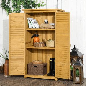 Wooden Garden Storage Shed 3 Shelves Tool Cabinet Natural