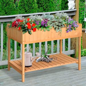 Wooden Herb Planter Stand 8 Cubes Bottom Shelf Raised Bed Natural