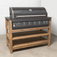 Draco Grills Teak Modular Outdoor Kitchen BBQ Unit with Black Stainless Steel 6 Burner Barbecue