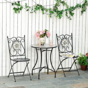 3 Pcs Mosaic Tile Garden Bistro Set Outdoor W/ Table 2 Folding Chairs