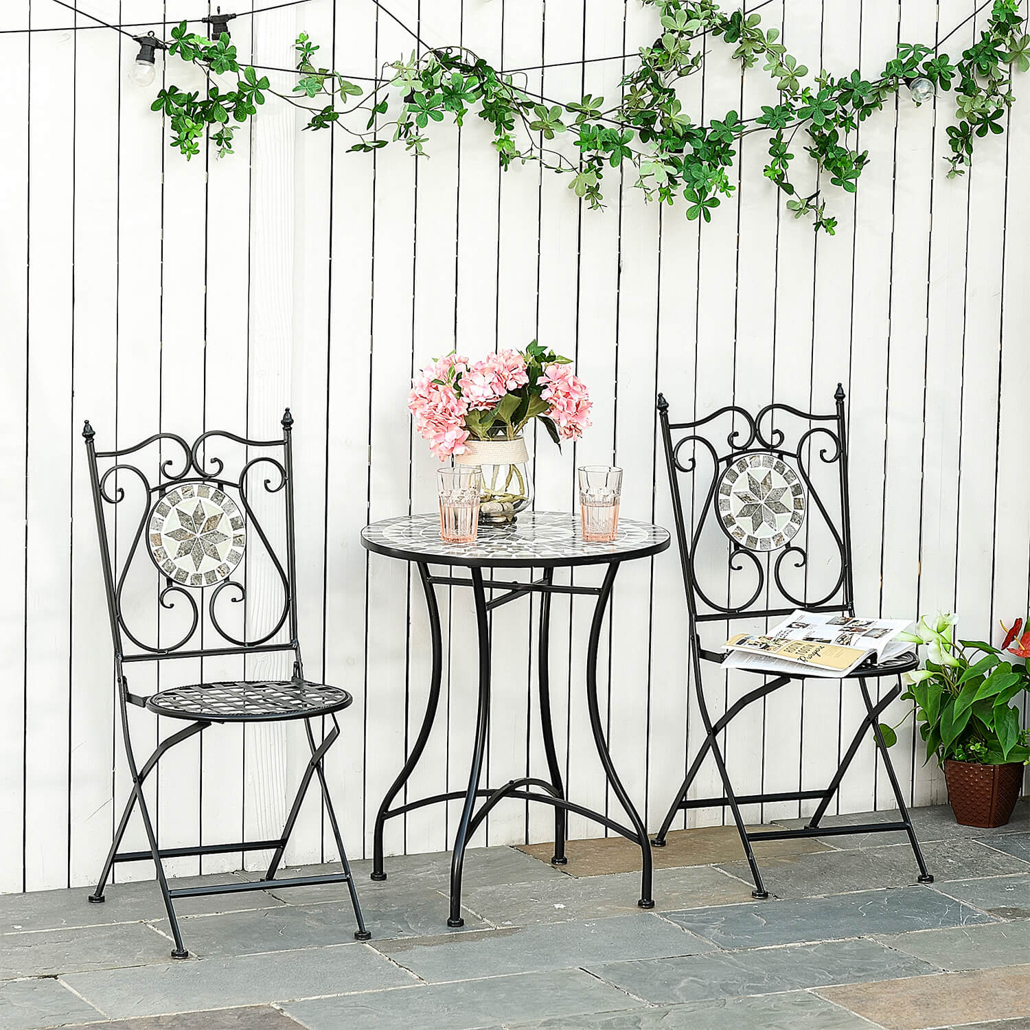 3 Pcs Mosaic Tile Garden Bistro Set Outdoor W/ Table 2 Folding Chairs