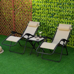 Beige 3 Piece Folding Zero Gravity Sun Lounger & Table Set