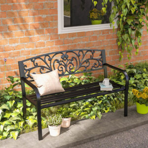 Black 2-Seater Steel Floral Design Garden Bench