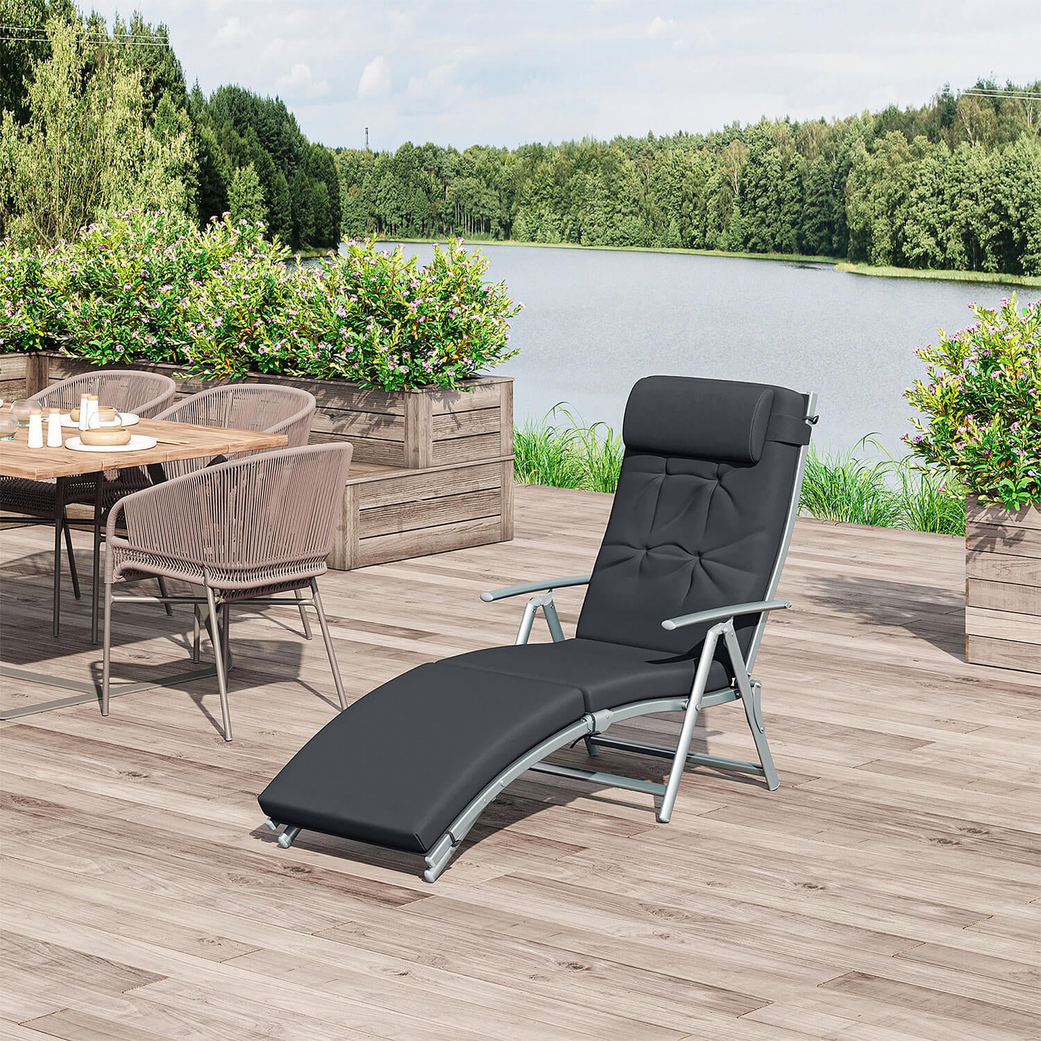 Black Reclining Padded Sun Lounger With Pillow