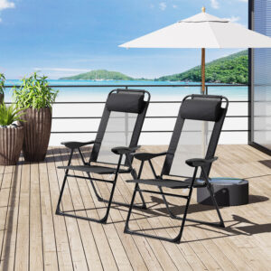 Black Set Of 2 Portable Folding Recliner Lounge Chairs